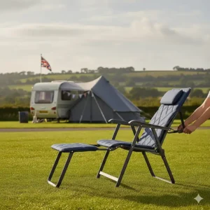 A reclining camping chair with an adjustable footrest being shifted into a flat lounging position.