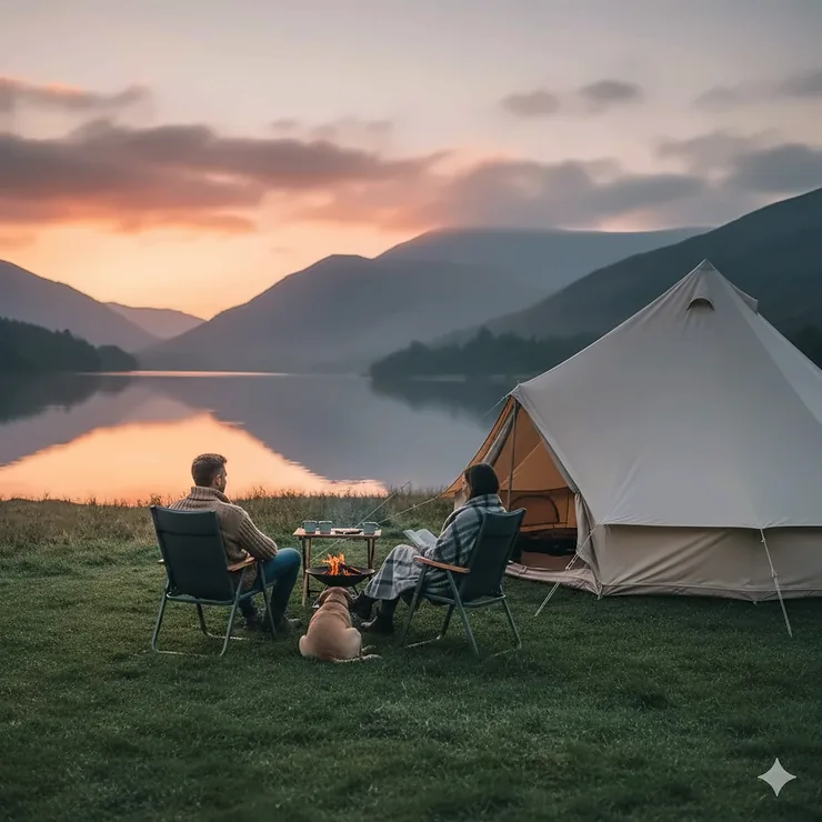 A couple sitting in comfortable portable camping chairs outside a bell tent in the Lake District at sunset.