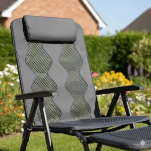 A grey camping chair with footrest featuring a breathable mesh backrest to keep cool during warm British summers.