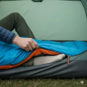 Two-way zip feature on a lightweight sleeping bag allowing for foot ventilation during warm UK nights.