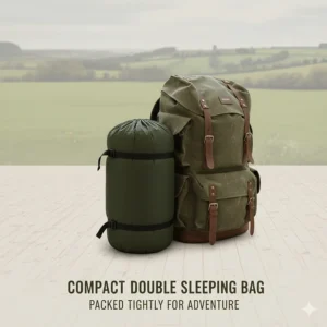 A compact double camping sleeping bag compressed into a small stuff sack for easy storage in a car boot or rucksack.