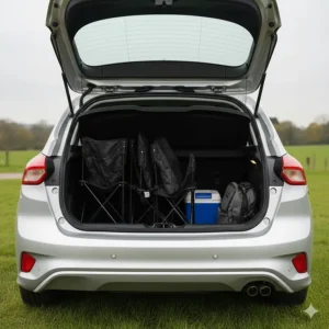 Four compact portable camping chairs easily fitting into the boot of a small British hatchback.