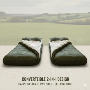 A versatile double sleeping bag that can be unzipped and easily converted into two separate single bags for different camping needs.