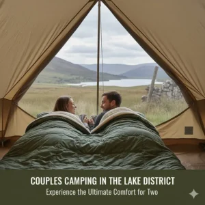 A cosy camping setup featuring a double sleeping bag with a scenic view of the Lake District fells visible through the tent door.