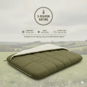 A photorealistic 3-season double sleeping bag designed to provide warmth and comfort during the variable UK climate from spring to autumn.