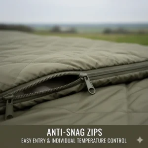 Detailed view of heavy-duty anti-snag zips on a double sleeping bag, allowing for independent temperature control on both sides.