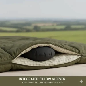 Close-up of integrated pillow sleeves at the head of a double sleeping bag to keep pillows securely in place throughout the night.