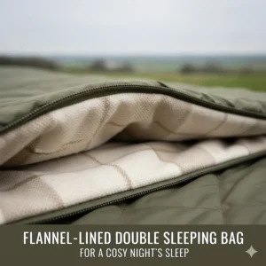 Close-up of the soft-touch flannel lining and durable outer shell of a double sleeping bag designed for maximum cosiness.