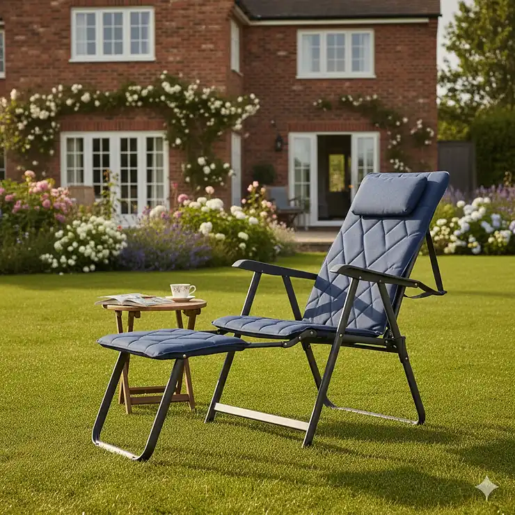 A comfortable folding camping chair with footrest set up on a British garden lawn for summer relaxation.