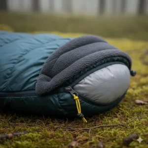 Close-up of an insulated draught collar and anti-snag zip on a high-quality 3 season sleeping bag.