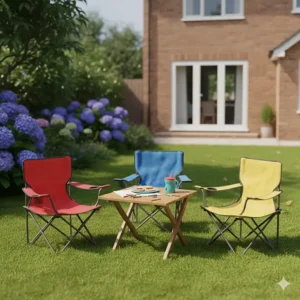 Child-sized portable camping chairs arranged around a small table in a British back garden.