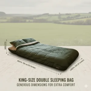 A detailed view of a spacious king-size double camping sleeping bag providing plenty of room for two adults to sleep comfortably in a tent.