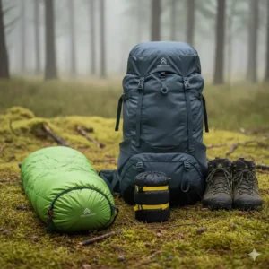 A lightweight 3 season sleeping bag compressed into a small stuff sack next to a standard 65-litre rucksack.