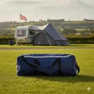 A lightweight camping chair with footrest folded into its matching carry bag with shoulder strap for easy transport.