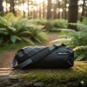 A lightweight portable camping chair folded into its compact carry bag with a shoulder strap.