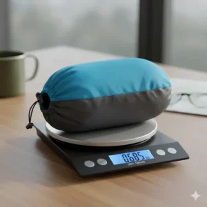 A compact summer sleeping bag on a digital scale showing a lightweight measurement in grams.