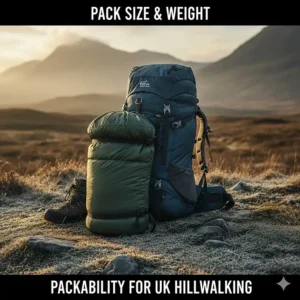 A compressed winter sleeping bag shown next to a hiking rucksack to demonstrate packability for UK hillwalking.