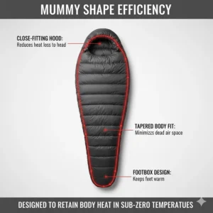 A modern mummy-shaped sleeping bag laid out in a tent, designed to maximise heat retention for cold-weather camping.