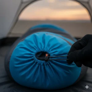 The adjustable drawstring hood of a mummy-style lightweight sleeping bag designed for heat retention.