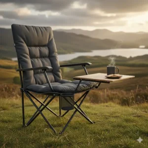 A luxury portable camping chair featuring a built-in cup holder and a small fold-out side table.