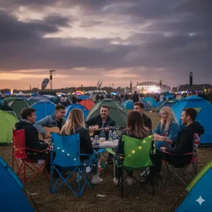 A group of friends using colourful portable camping chairs at a UK music festival campsite.