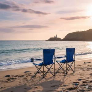 Two blue portable camping chairs set up on a sandy British beach near the shoreline.