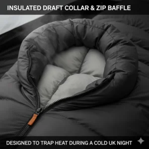 A detailed interior view of thick insulated draft collars and zip baffles to prevent heat loss in sub-zero UK conditions.