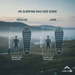An illustration comparing regular and long sleeping bag dimensions for UK campers of different heights.