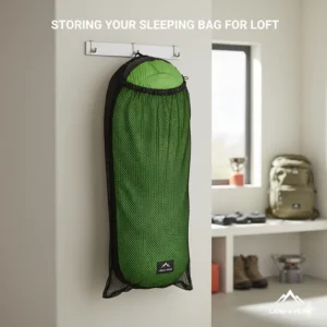 A sleeping bag hanging loosely in a large mesh storage sack to maintain loft and warmth for UK seasons.
