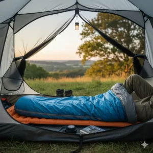 A lightweight sleeping bag laid out inside a one-man backpacking tent on a summer evening in the UK.