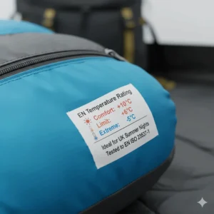 Close-up of the EN comfort rating label on a sleeping bag suitable for British summer nights.