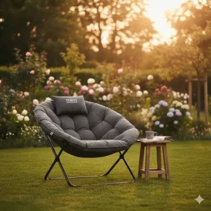 An oversized Tesco padded moon chair in charcoal grey fabric, providing extra comfort for glamping or relaxing in a British garden.