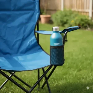 Close-up of a blue Tesco folding camping chair showing the durable polyester fabric and a integrated mesh cup holder in the armrest.