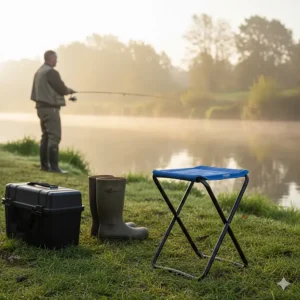 A compact Tesco folding tripod camping stool with a sturdy metal frame, perfect for fishing or outdoor events where space is limited.