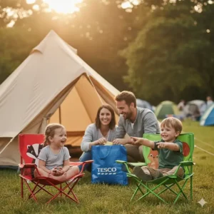 Two Tesco kids' camping chairs featuring colourful animal prints and safety locks, ideal for a family camping holiday in the UK.