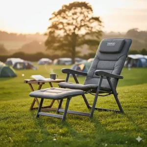 A premium Tesco reclining camping chair with an adjustable backrest and padded armrests for maximum relaxation outdoors.