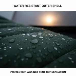 Water droplets beading on the water-resistant outer shell of a sleeping bag to protect against tent condensation.