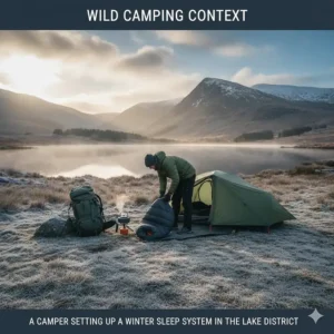 A wild camping setup in the Lake District featuring a high-performance winter sleeping bag on a frosty morning.