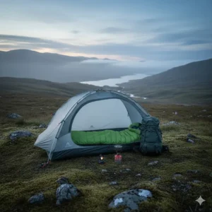 A wild camping setup in the Scottish Highlands featuring a durable 3 season sleeping bag inside a small trekking tent.
