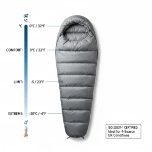 A photorealistic view of a 4-season sleeping bag showing the loft required for British winter temperature ratings.