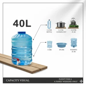 Capacity visual showing the 40 litre volume of the water container, providing plenty of water for a family weekend away.