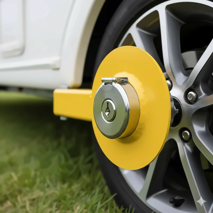 Detail of the drill-resistant and anti-pick locking mechanism on a gold-rated caravan wheel lock. sold secure gold wheel clamp for bailey caravans