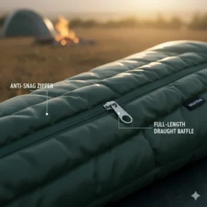 An anti-snag zip and full-length draught baffle on a high-quality mummy camping sleeping bag.