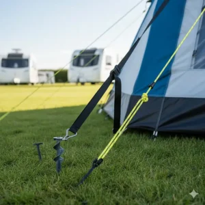 Close-up of heavy-duty guy lines and storm straps for securing a porch awning in windy conditions.