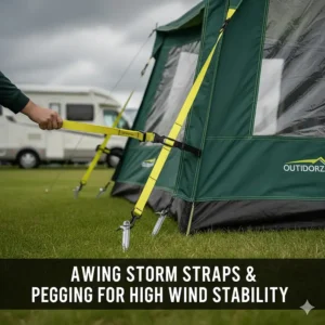 A person's hand tightening high-visibility yellow storm straps and securing heavy-duty metal pegs to stabilise a tall awning in windy conditions.