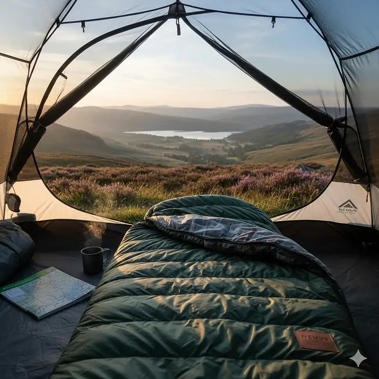 A high-quality down camping sleeping bag laid out inside a tent with a view of the Lake District fells at sunrise. down camping sleeping bag