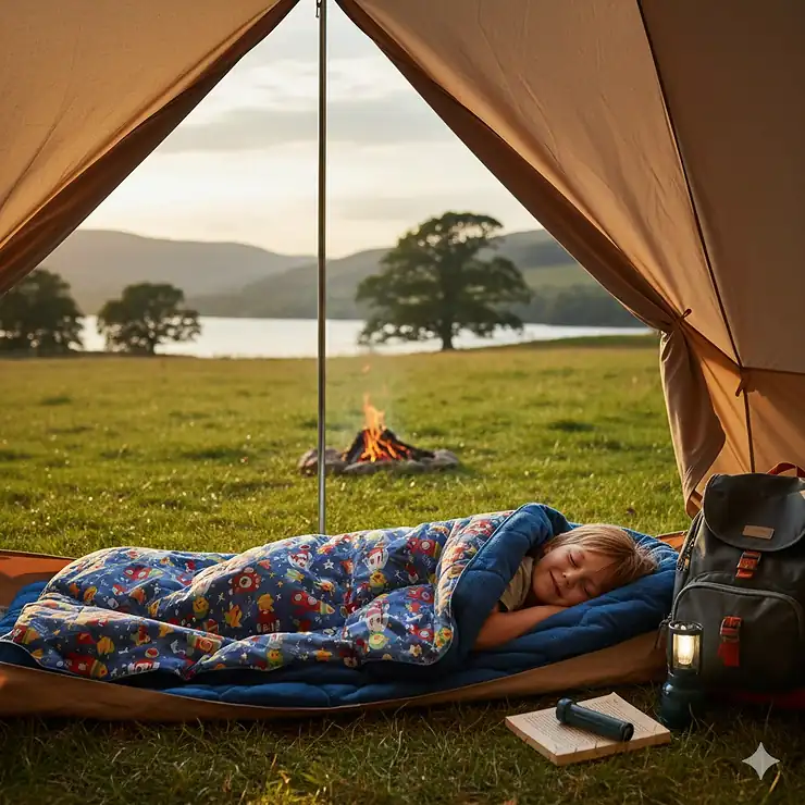 A young child sleeping soundly in a patterned kids' sleeping bag inside a bell tent, overlooking a misty British lake at sunset best kids camping sleeping bag UK