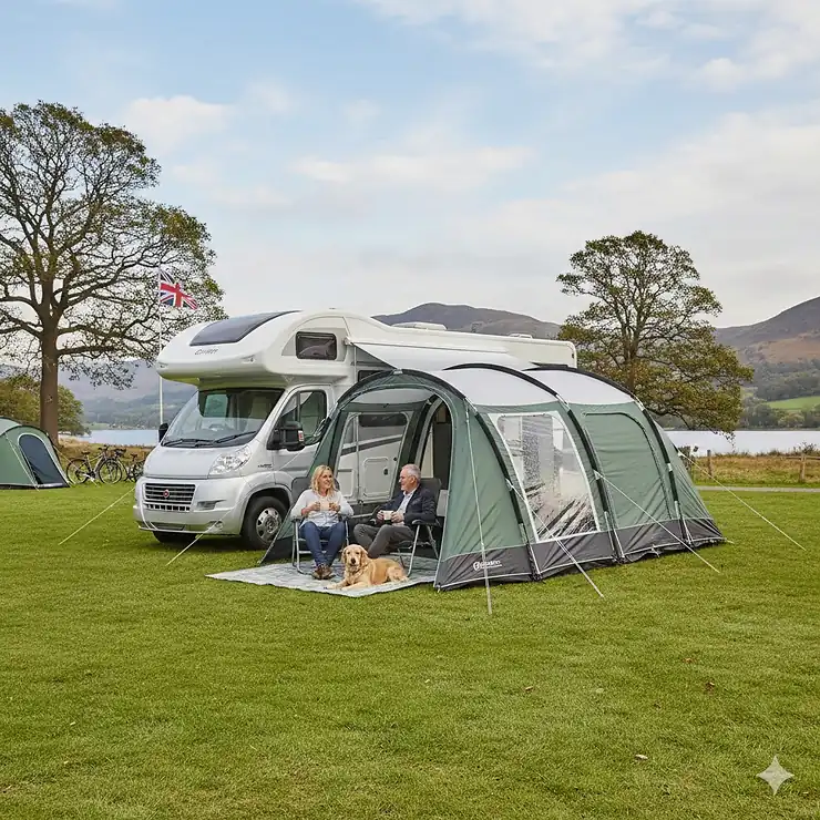 A premium drive-away tall motorhome awning pitched next to a large white coachbuilt motorhome with a mounting height over 3m at a scenic UK campsite. best tall motorhome awning for coachbuilt over 3m