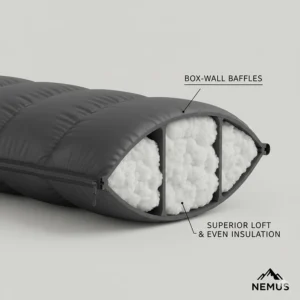 Cross-section illustration showing the box-wall baffle construction used to prevent cold spots in a down sleeping bag.