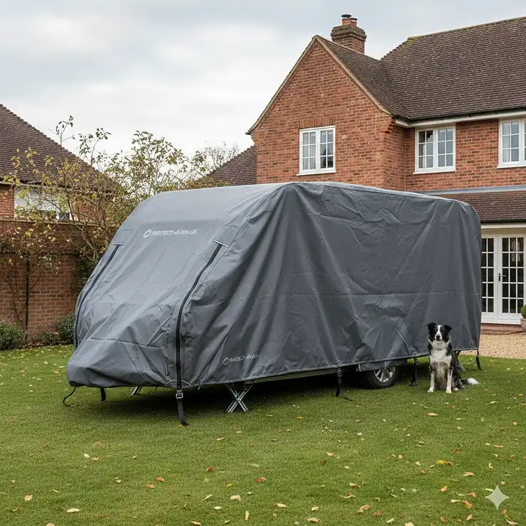 Full view of a caravan protected by a breathable 4-layer caravan cover for winter storage in a garden. breathable 4-layer caravan cover for winter storage